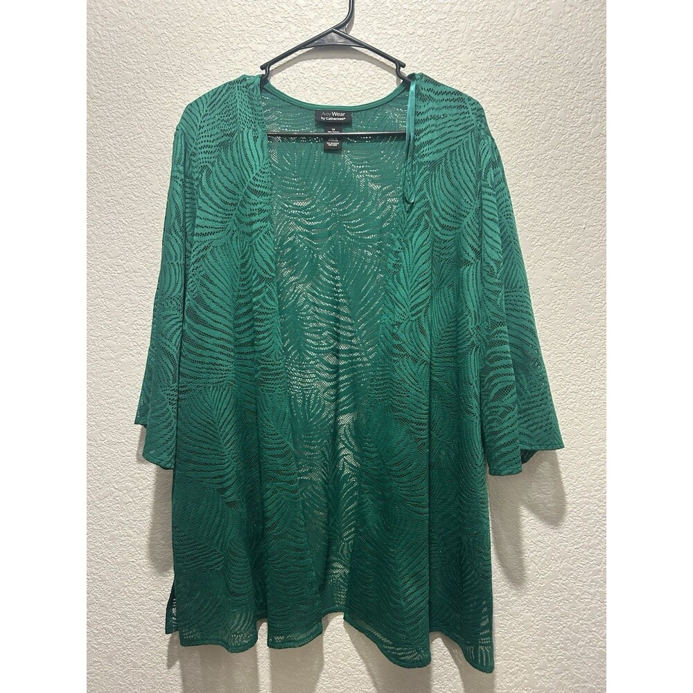 Catherines Womens Cardigan 1X Green Palm Embroidered Lace Open Front Loose Beach